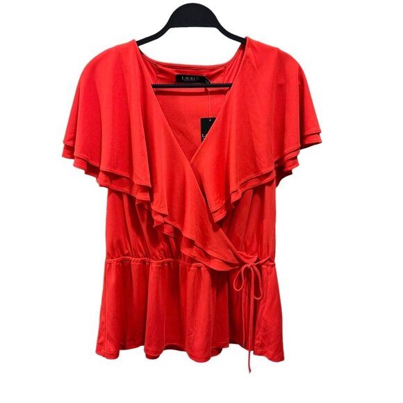 Lauren Ralph Lauren Womens Size XL Orange Ruffle Trim Surplice Jersey Top NWT - Picture 2 of 7